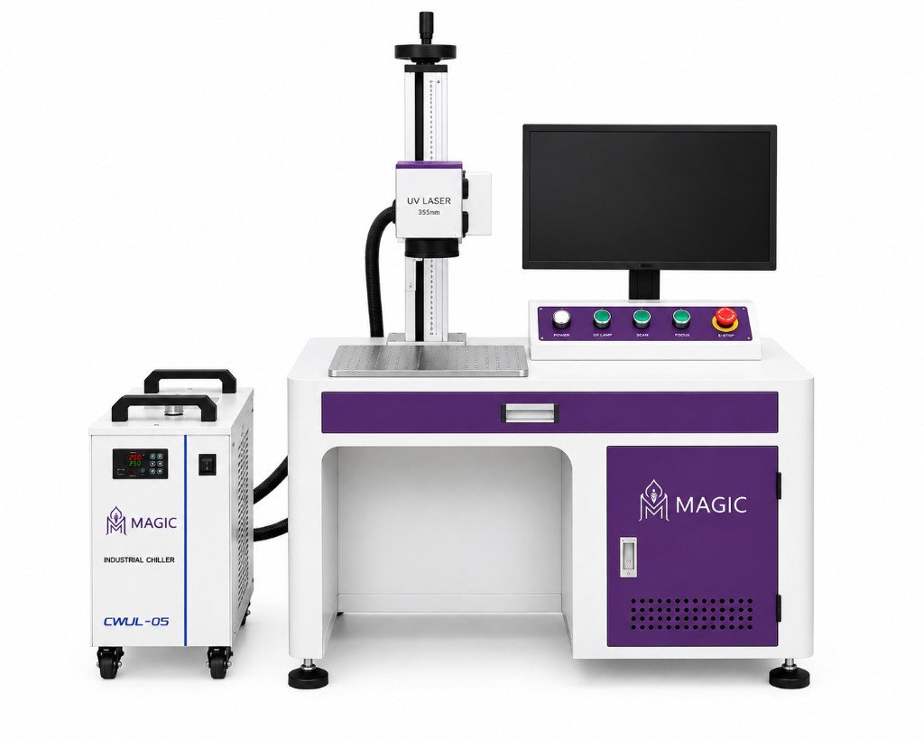 Desktop UV 355 nm marking station with MAGIC console, workbed and industrial chiller