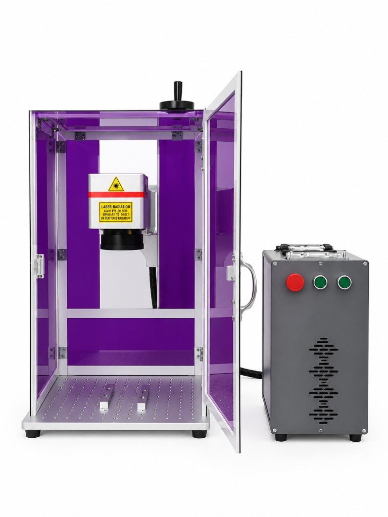 Fiber laser marking machine with enclosed marking chamber, door open, and external controller