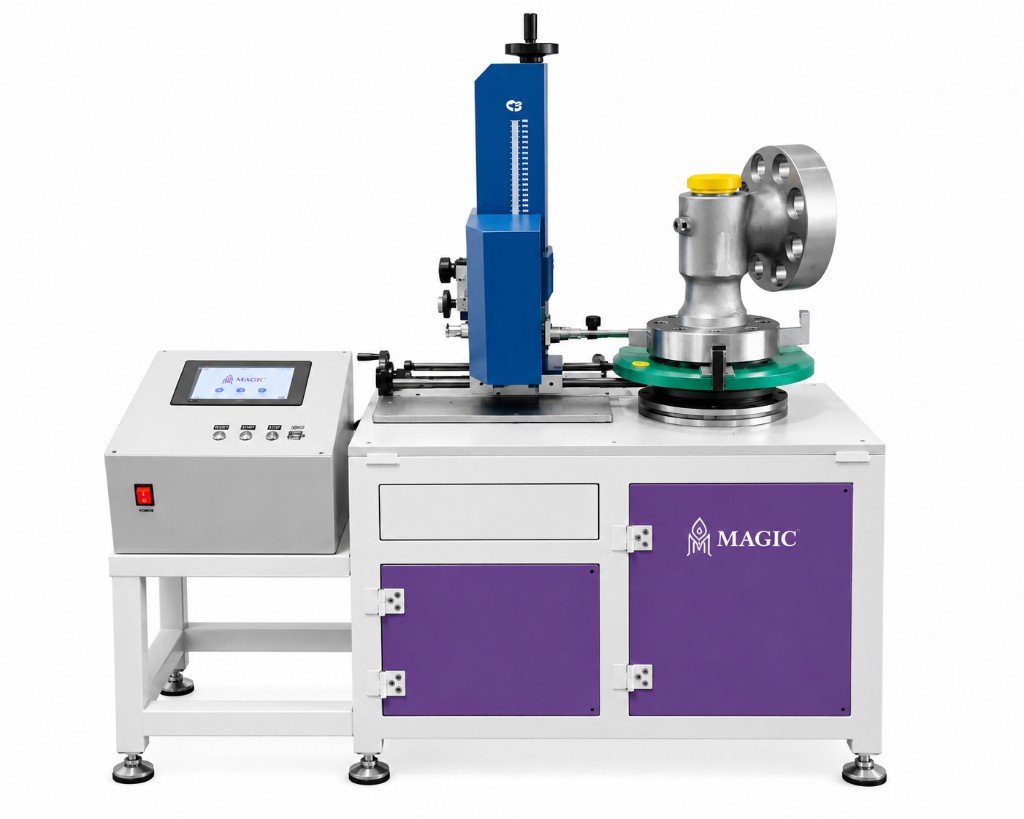 Flange dot peen marking station with rotary holding a round fitting and stylus on the OD