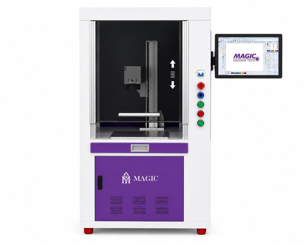 Enclosed UV laser marking machine — complete cabinet workstation with equipment housed inside