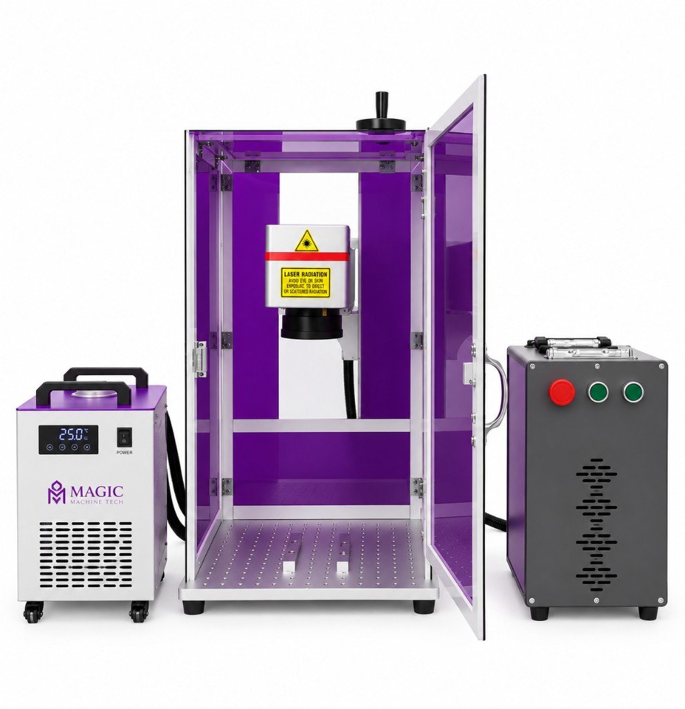 UV laser marking machine with enclosed marking chamber, chiller and external controller